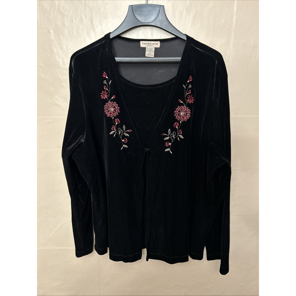 Notions Vintage 1X Black Velour‎ Pants Top Set Embroidery